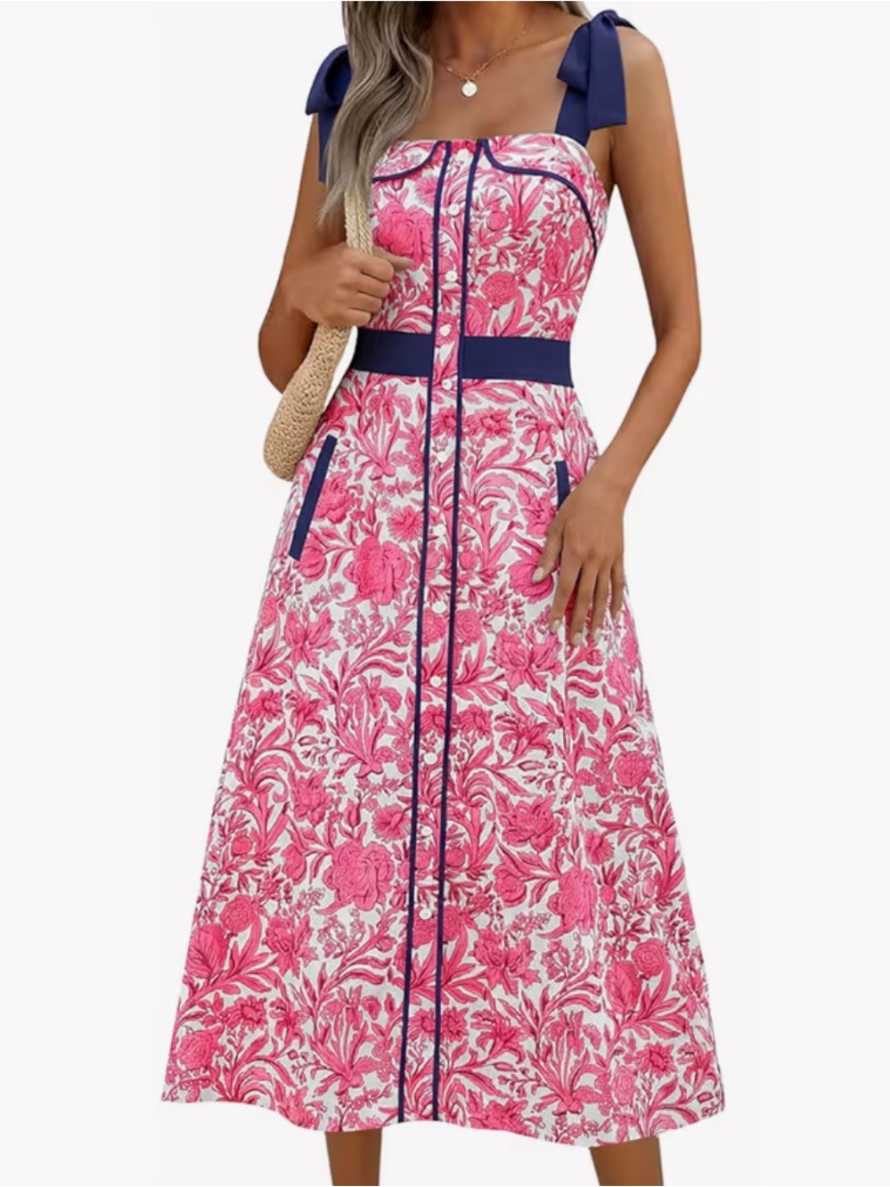 Pink Floral Midi Dress with Navy Trim and Tie Straps